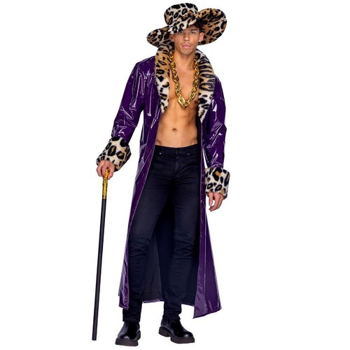 Disfraz de proxeneta abrigo largo imitación piel estampado de leopardo ribete sombrero de gran tamaño púrpura 6393 - Imagen 2 de 5