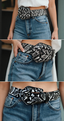 Women Black White Faux Leather Snake Skin Print Comfortable 