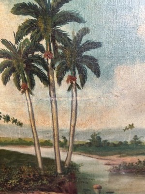Antique 1819 Oil Painting Hawaii Tropical Palm Trees River