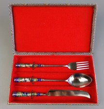 Oriental Enamel Cloisonne Cutlery: Knife Spoon & Fork. Vintage. Cased. 7"