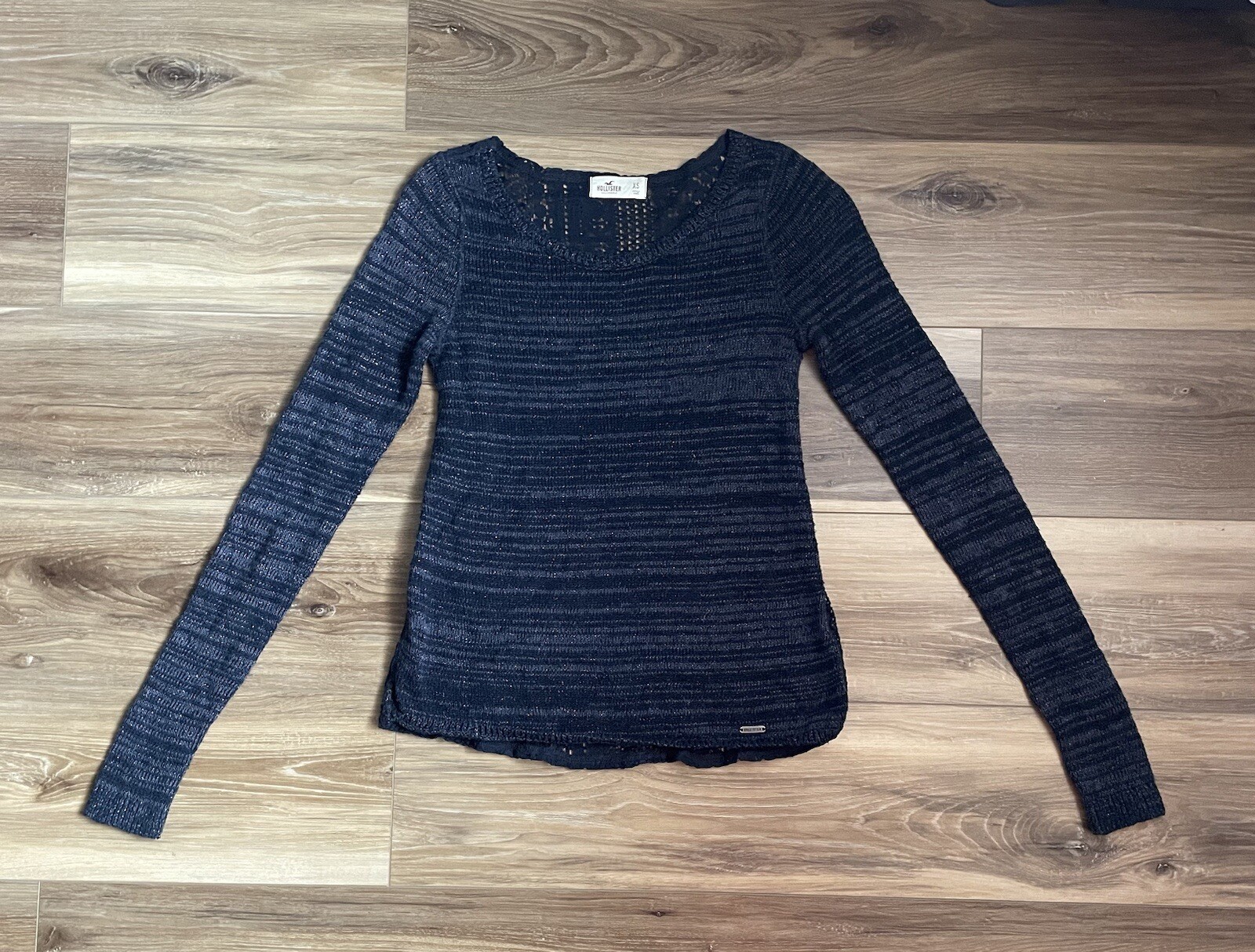 Hollister Juniors Sweater Blue Metallic Yarn Stripes With Lace Back XS Very Good