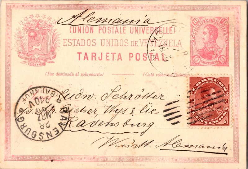 1899 Caracas Venezuela Postal Stationery Postcard Cover to Ravensburg Germany