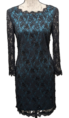 Whimsigoff Dress M Black Lace / Beads Over Dark Green Shell Sheer Sleeves
