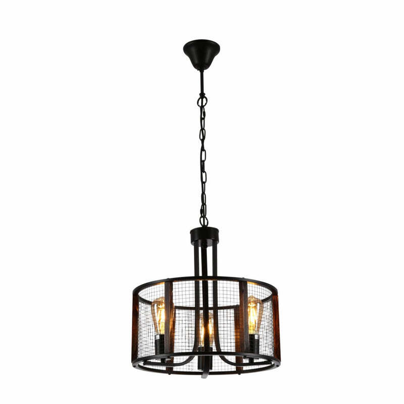 Black Metal Natural Wood Cylinder Cage Pendant Ceiling Light 3xE27 TEKLED