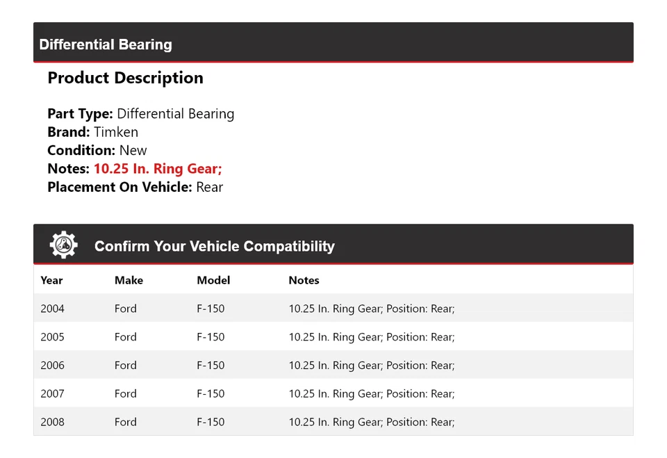 Cojinete diferencial trasero Timken 2005 2006 2007 para Ford F-150 2004-2008 Foto 2 de 4