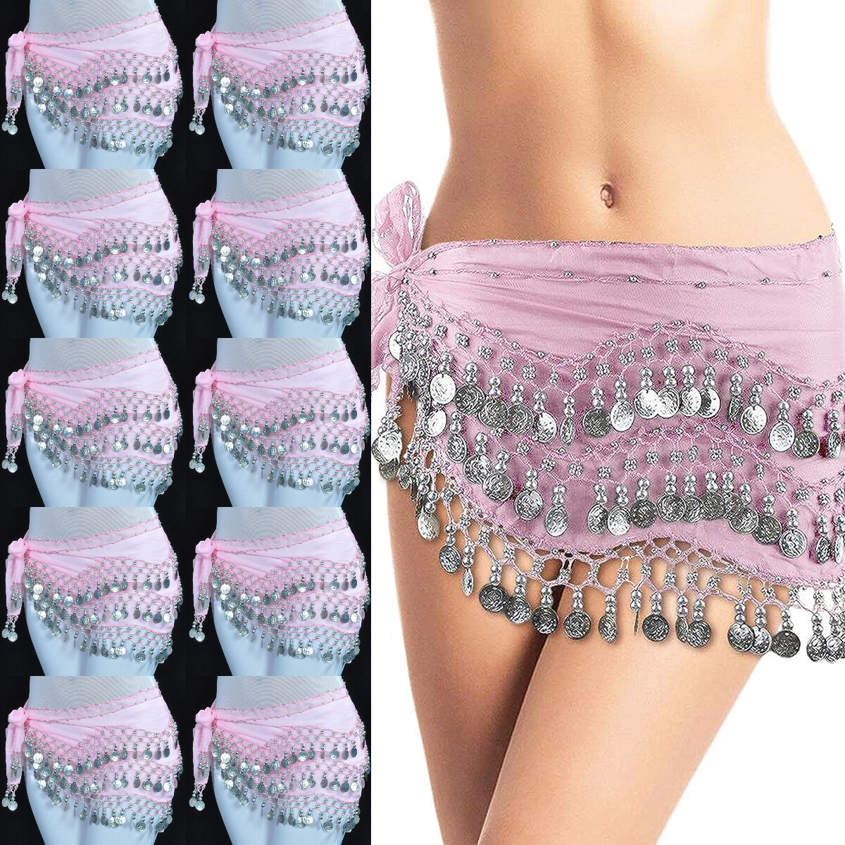 10 Packs Pink Chiffon Dangling Hip Scarf Silver Coins Belly Dance Skirt Costume