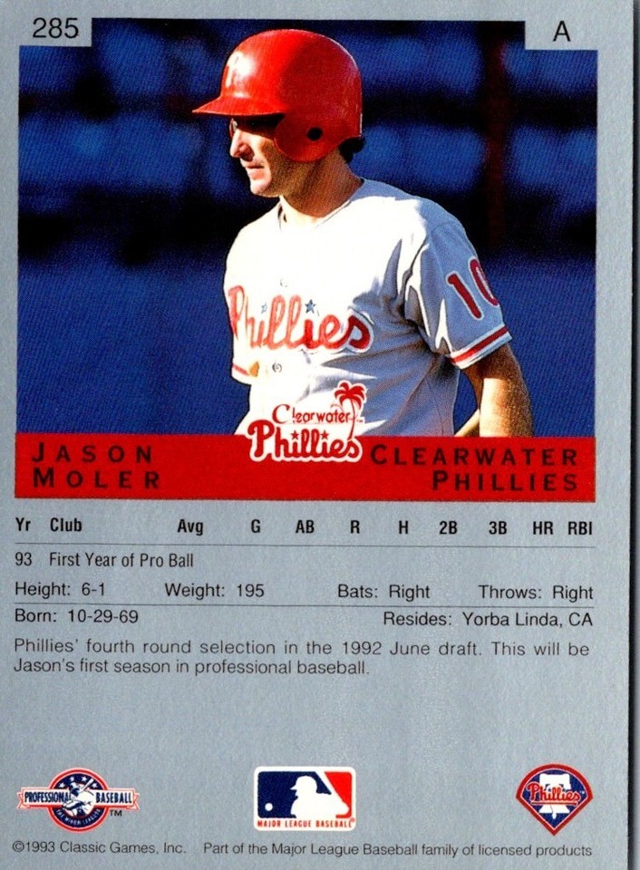 1993 Classic Best Jason Moler 285 Clearwater Phillies Baseball Card eBay