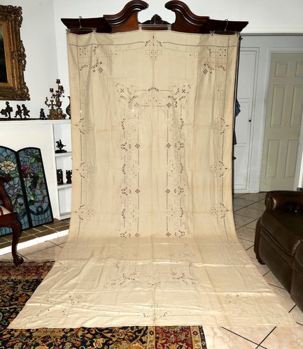 1900s Italian Reticella Puchetta Linen Ecru Banquette Tablecloth+12 Napkins Set - Picture 3 of 24