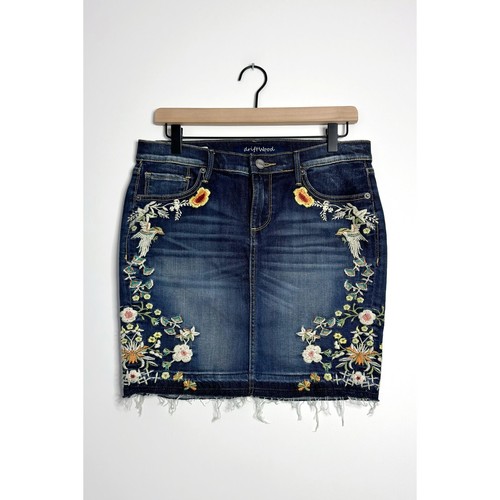 DRIFTWOOD Kate minigonna denim a matita lavaggio scuro ricamata floreale taglia 28