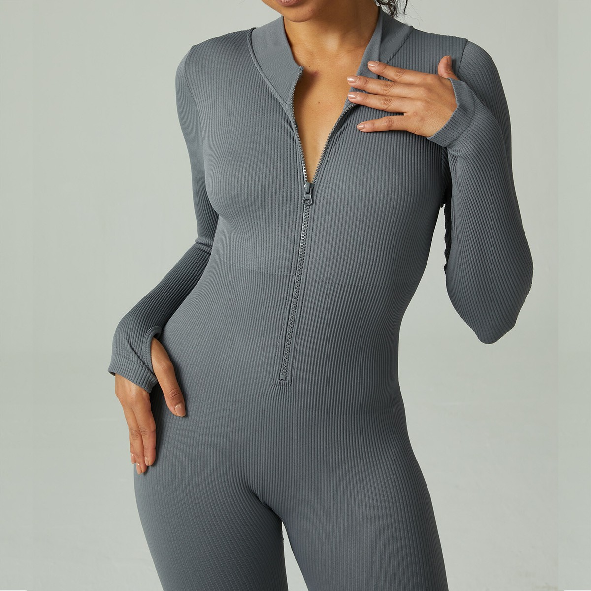 Women's Yoga Jumpsuits Ribbed Bodycon Zip Up One Piece