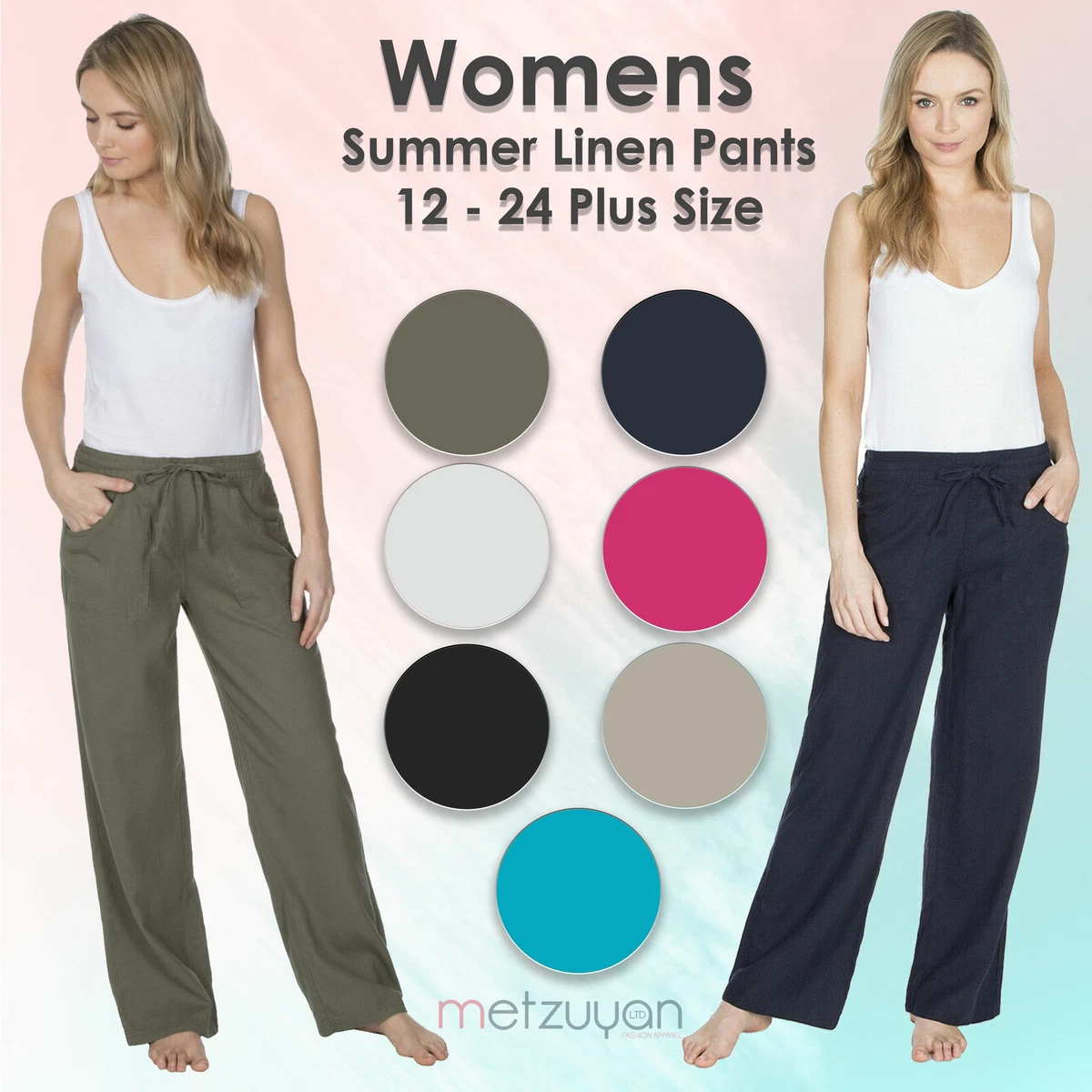 Metzuyan Womens Linen Trousers Wide Leg Fit Summer Pants Pockets 16-24 Plus  Size