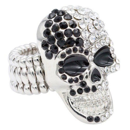 Anillo elástico lavencioso con forma de calavera estrás chapado en rodio con cristal transparente - Imagen 5 de 12
