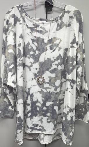 NWT Lularoe 3XL Linda White Gray Cream Tan Tie Dye Batwing Long Sleeved Shirt - Picture 3 of 8