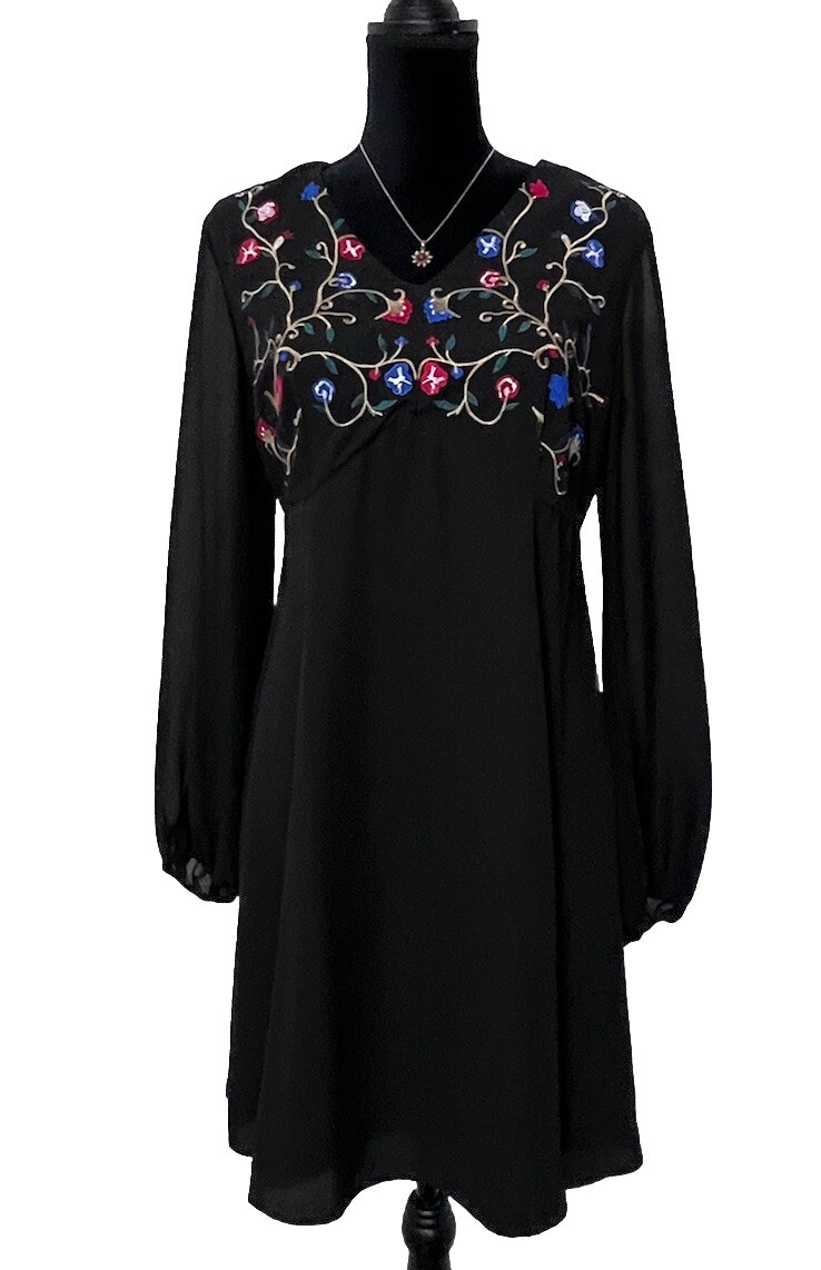 Hippie Hobo Embroidered Black Floral Dress Size 10 Fairycore Cottagecore