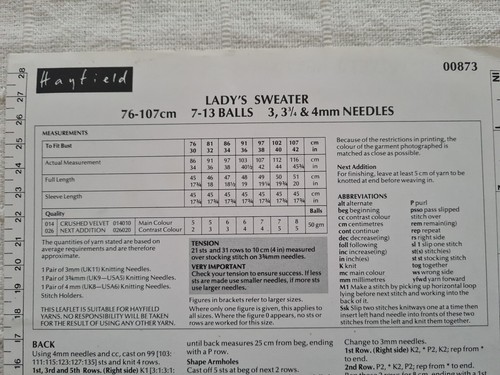 Hayfield Knitting Pattern No. 00873 Lady's Sweater 30-42" Vintage - Picture 3 of 3
