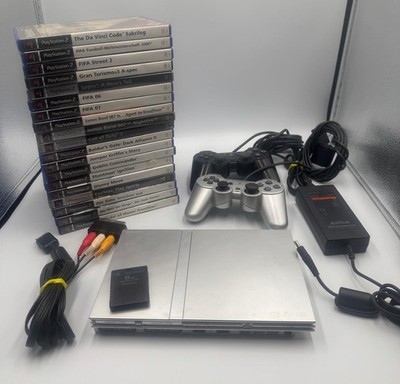 Sony PlayStation 2 Slim Konsole Silber + 19 Spiele + 2 Controller | PS2 Bundle