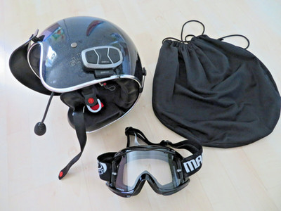 Motorradhelm XS von Louis AJS inkl. Brille Madhead und Kommunikationssystem Sena