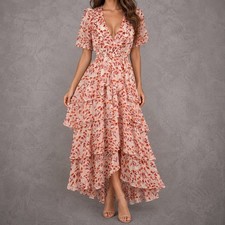 Maje Romina Maxi Dress Womens FR 34 Pink Orange Floral Chiffon Tiered High Low