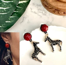 Gold Zebra Red Stone Earrings Safari Jungle Animal Statement Bohemian Gift NEW