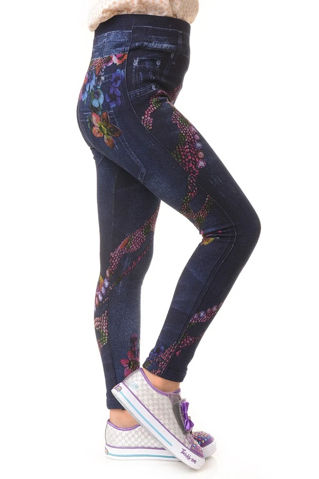 Girls Fleece Lined Leggings Kids Denim Print Stretch Pull-On Jeggings - Image 3 of 4