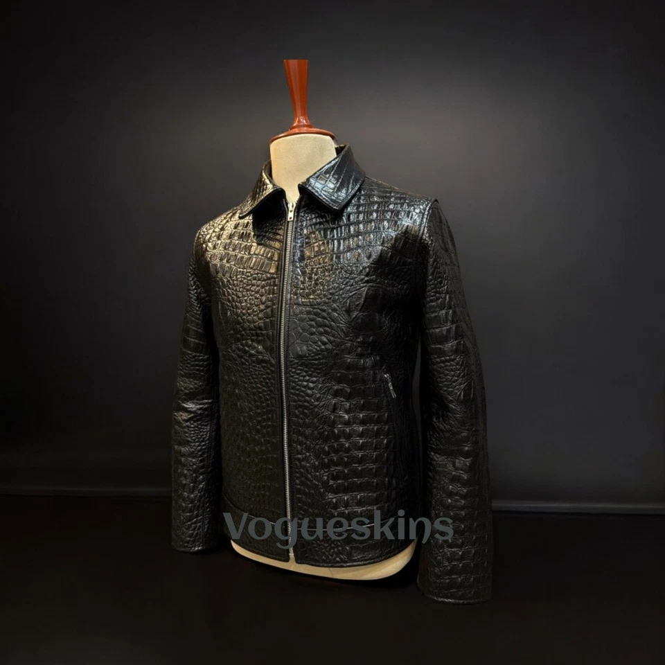 Men's Black Leather Jacket Crocodile Embossed Pattern Alligator Leather Jacket - Image 3 of 4