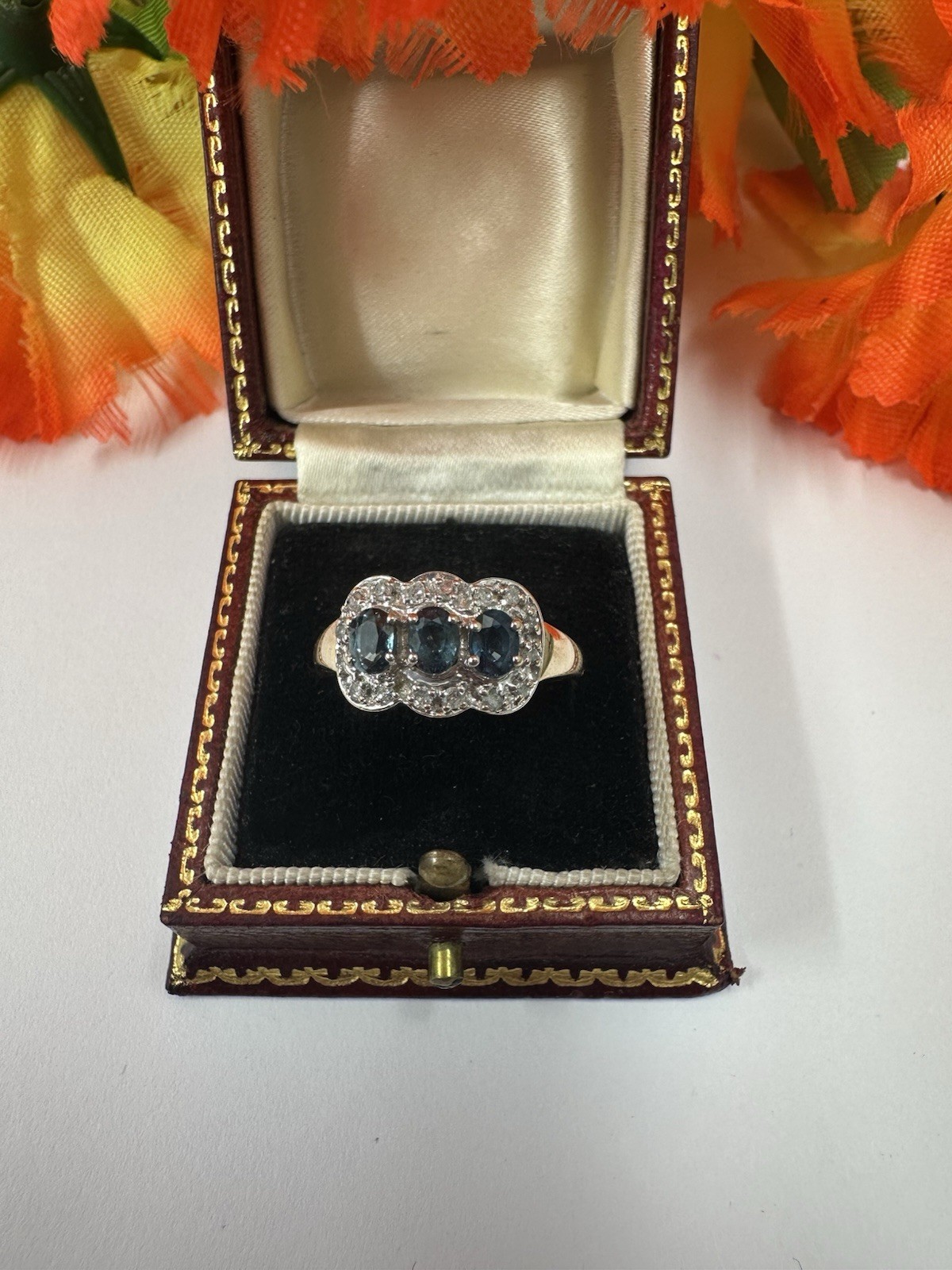 9ct Gold Diamond & Tripple Sapphire Ring – Fully Hallmarked