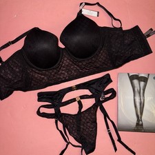 Victoria's Secret 36DD CORSET TOP BRA SET M,L garter thong PANTY BLACK ICON logo