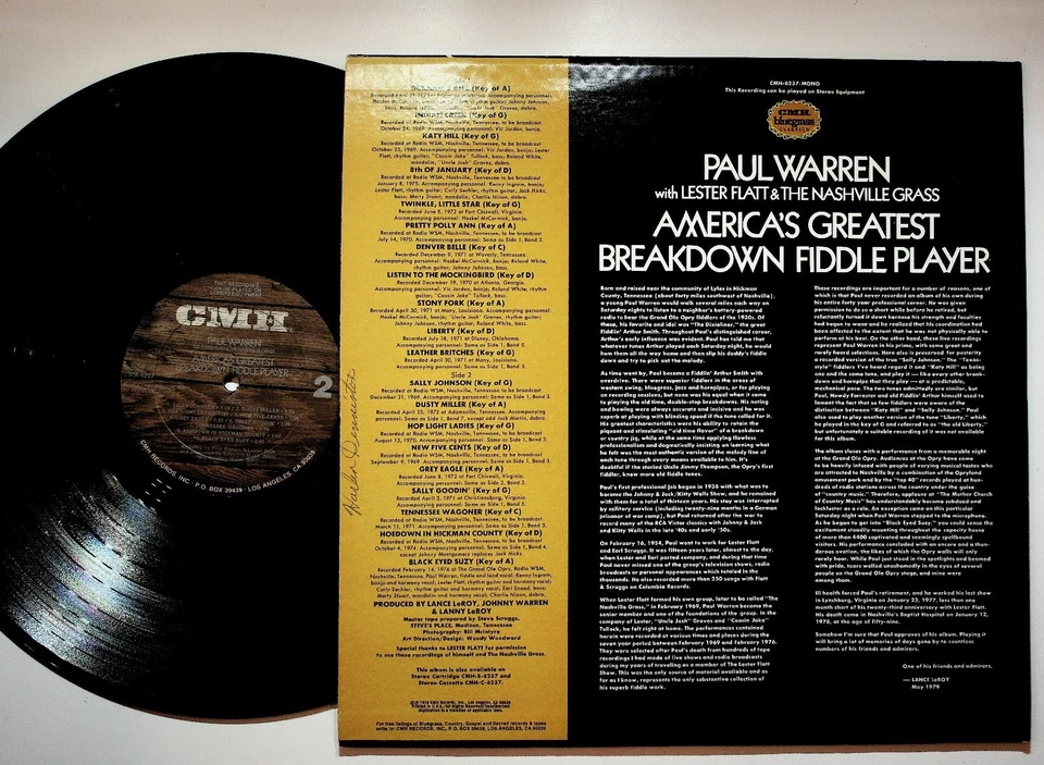 Paul Warren America's Greatest Breakdown Fiddle Player LP 1979 CMH Bluegrass - Image 2 of 2