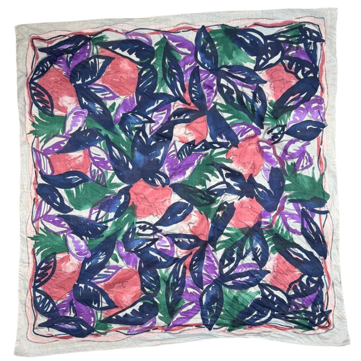 Annie Johansen Floral Cotton Scarf Square Abstract Print Green Purple Pink