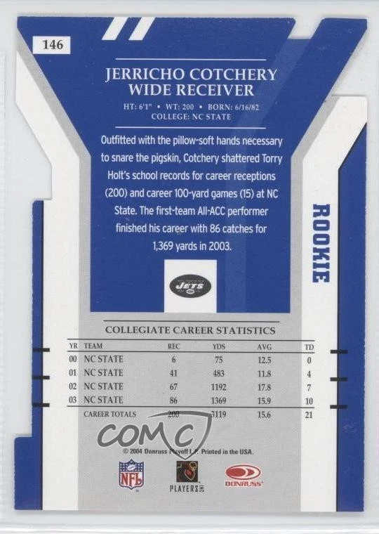 2004 Donruss Elite Rookie Status Die-Cut /82 Jerricho Cotchery #146 Rookie RC - Image 2 of 2