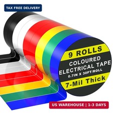 9 Rolls Coloured Electrical Tape - Professional White Black Red Green Blue Yello
