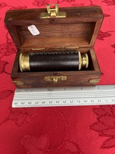 Vintage Leather Bound Brass Mini Telescope with Wooden Box Nautical Spyglass