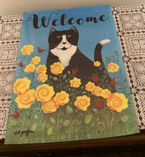 Welcome Nylon Black White Cat Flowers Flag 12 x 18 Inch Kitten Feline Lover