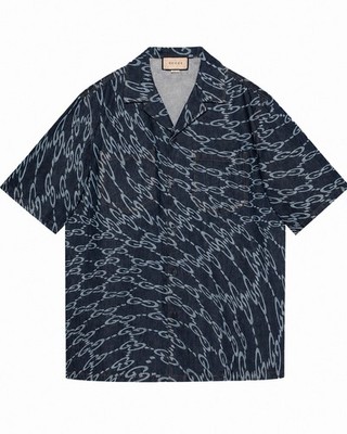 Gucci Mens Shirt Blue Waved GG Monogram Heavy Denim Collar Oversized Size 3XL/50