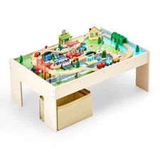 Uimoso Train Table 84 PCS Wooden Kids Activity Table w/Collapsible Storage Bin