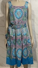 Talbots Women's Sleeveless Knee Length Fit And Flare Floral Aqua Dress Size 2