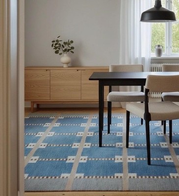 Blue Scandinavian Swedish Kilim Tile Handmade Flat weave Boho Large Area Rug
