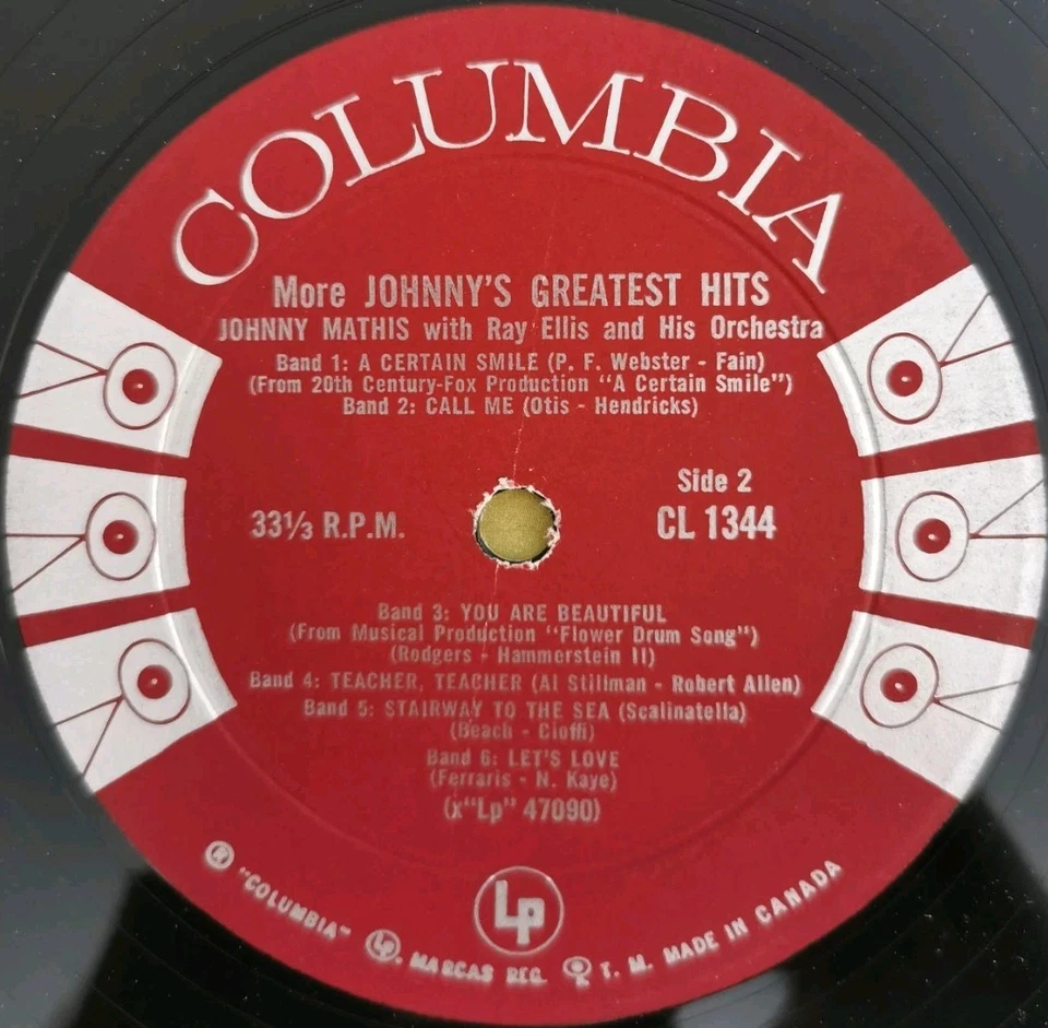 Vinyl LP Johnny Mathis - More Johnny's Greatest Hits VG CL1344 Canada Pop - Image 4 of 4