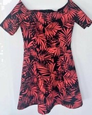 Blogger Trend Zara Skater Dress Leaf Palm Print Black Coral Boat Neck Size S UK8