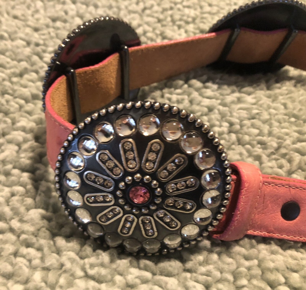 Tony Lama Pink Leather Western Belt Embossed Rhinestone Silver Buckle Studs 34 33478807_hi main image 2