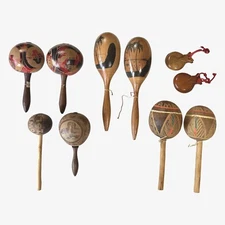 Vintage Hand Carved Folk Art Maracas (Set Of Four)/Vintage Castanets, Set Of Two