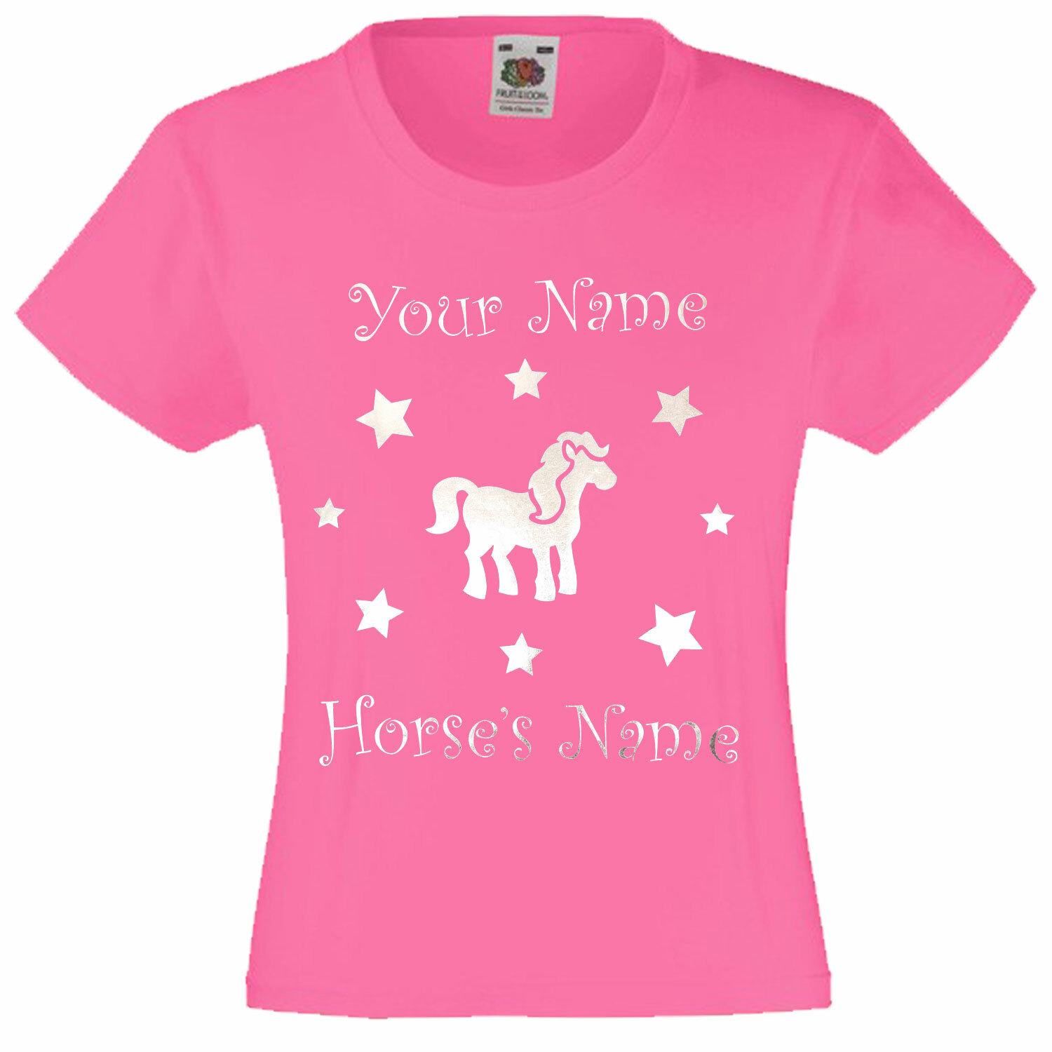 T shirt maglietta personalizzata con nome e cavallo pony argento metallizzato bambino bambina
