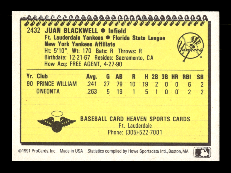 1991 ProCards # 2432 Juan Blackwell (ML Fort Lauderdale Yankees