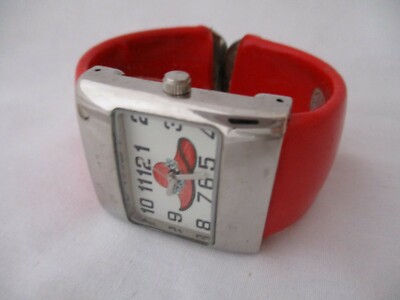 Hat Theme Analog Wristwatch Silver Tone Red Cuff Band Rectangular Face