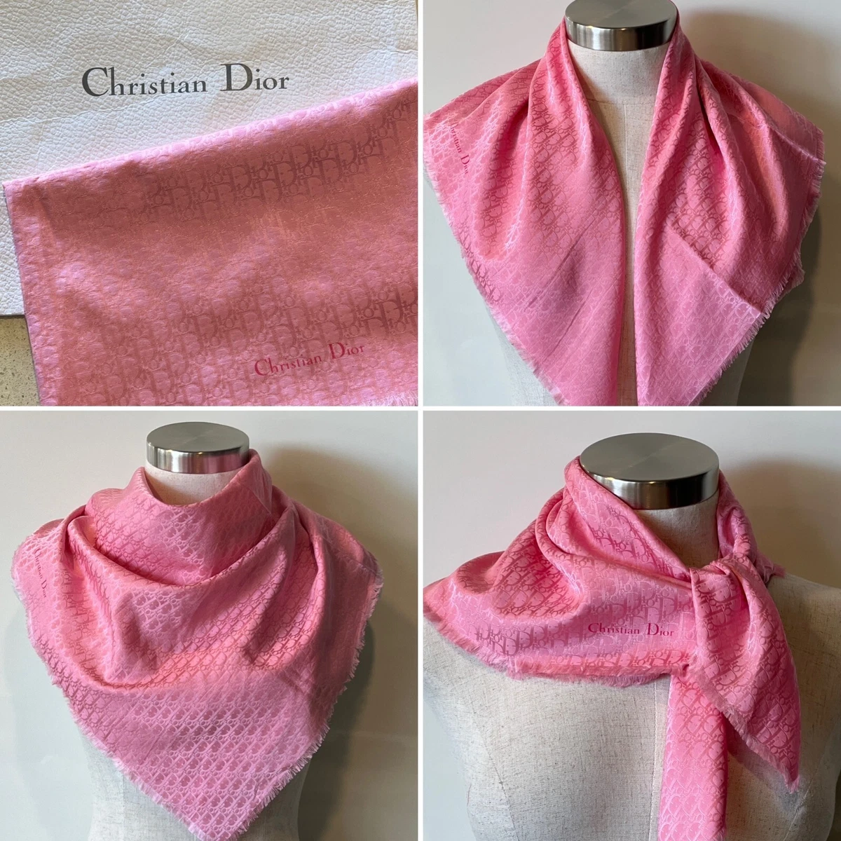 CHRISTIAN DIOR Pink Silk/Cotton DIOR Logo Scarf 69cm x 69cm Fringes,  Authentic