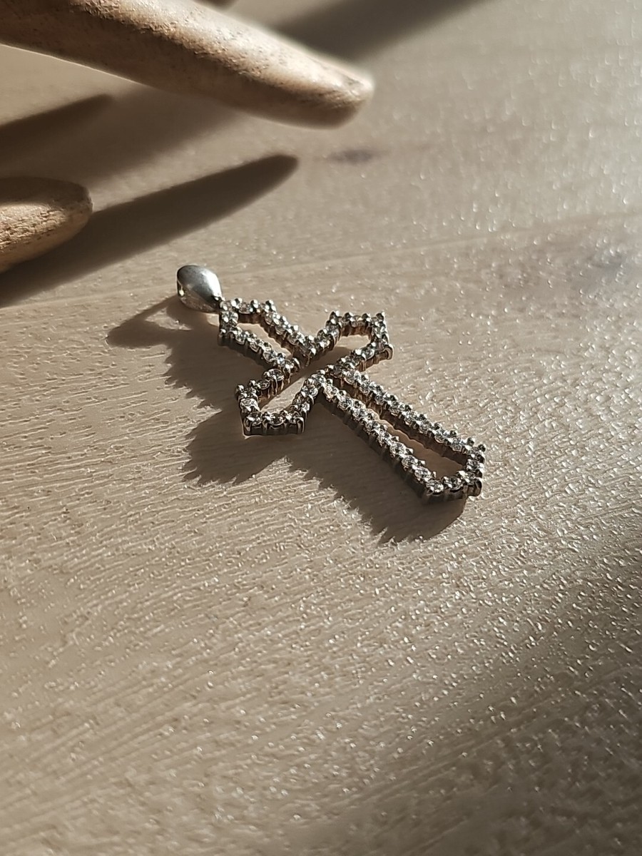 STERLING SILVER CLEAR STONES DESIGNER K SIGNED CROSS PENDANT