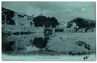 Old postcard 30 - ALAIS (Gard) - Faubourg de Rochebelle, moonlight, blue card. ALES