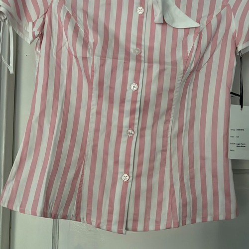 Unique Vintage S (4) Pink White Stripe Bow Tie Chita Bouse 1940s Top Button Up - Picture 4 of 9