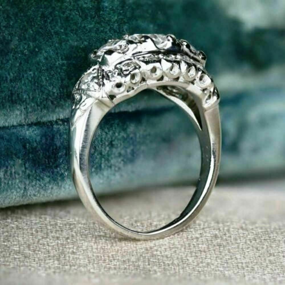 2.00Ct Round Cut Diamond Three Stone Antique Art Deco Ring