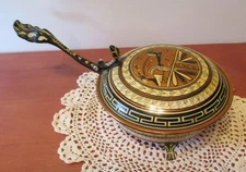 Vtg. Signed Greek Handmade Silent Butler Crumb Catcher Footed Copper Handled Po